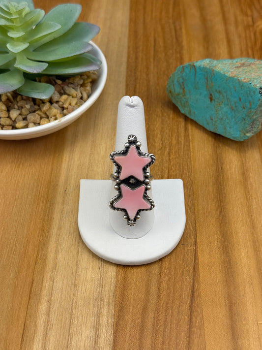 Pink Conch 2 Stone Star Sterling Ring