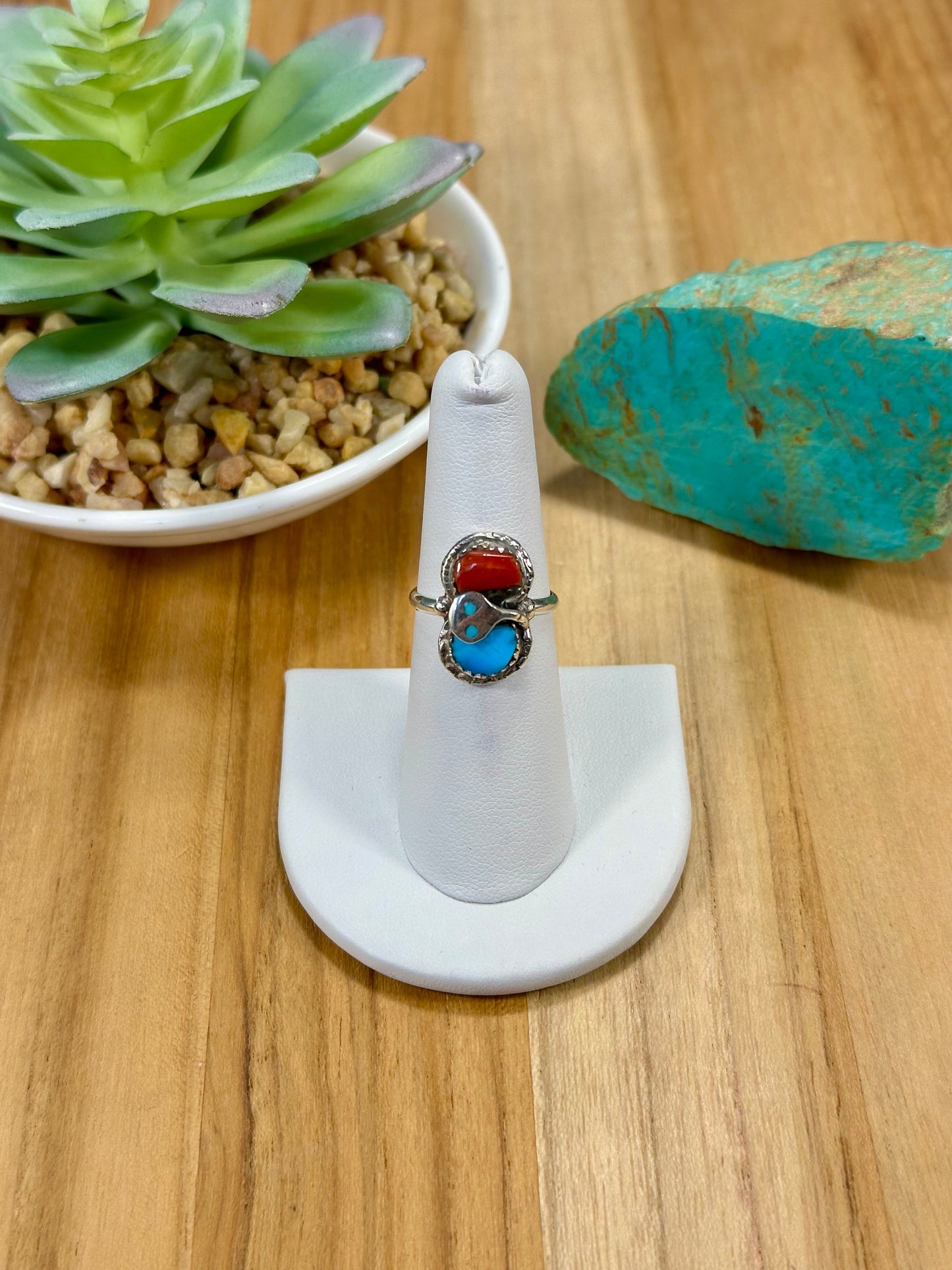 Kingman Turquoise & Coral Snake Sterling Silver Ring