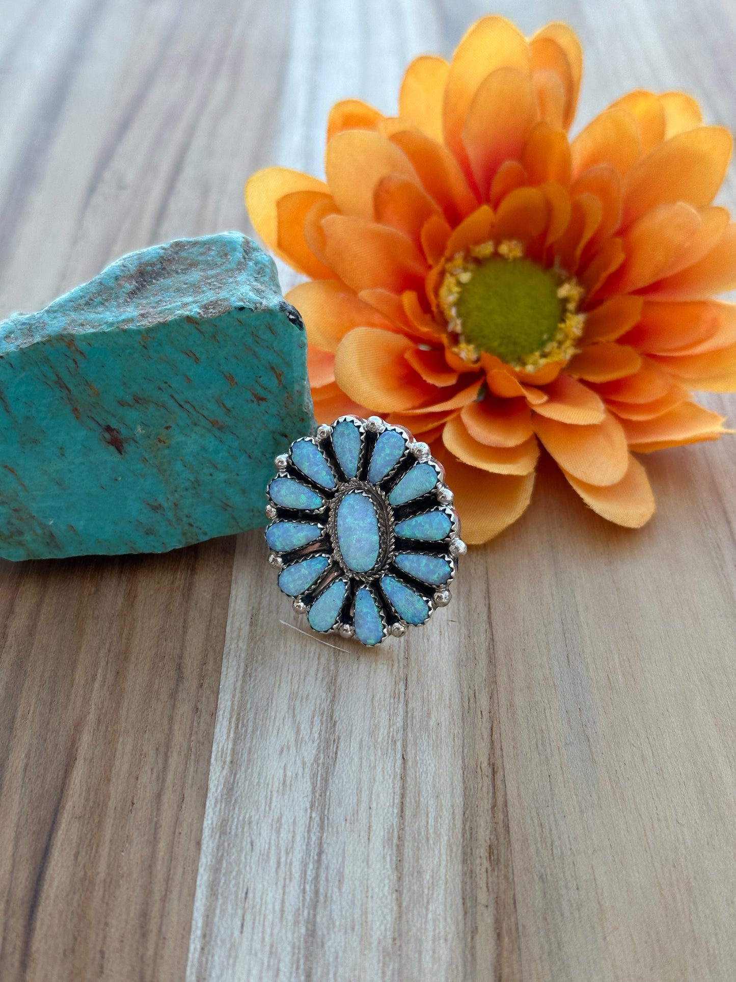 Opal Floral Cluster Stelring Silver Ring