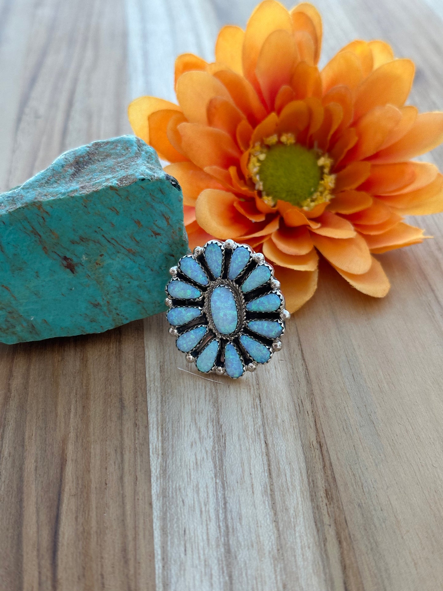 Opal Floral Cluster Stelring Silver Ring