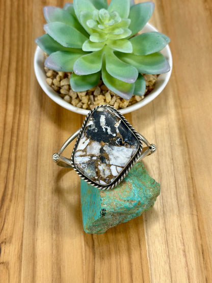 Crushed White Buffalo Single Stone Sterling Silver Cuff Bracelet