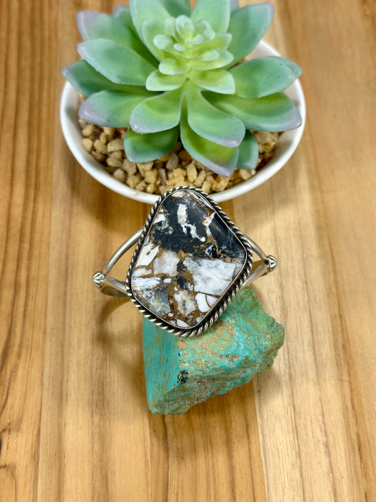 Crushed White Buffalo Single Stone Sterling Silver Cuff Bracelet