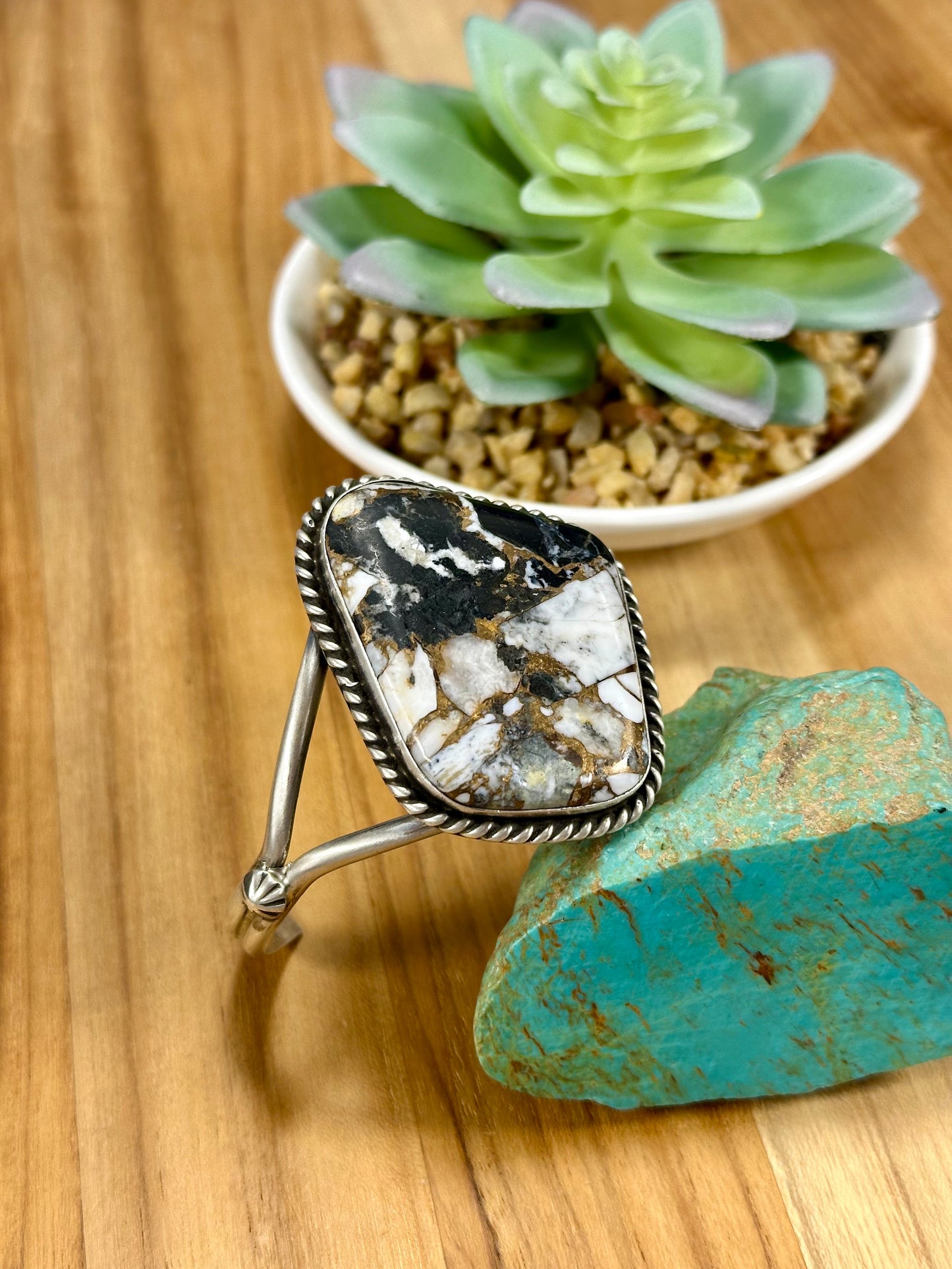Crushed White Buffalo Single Stone Sterling Silver Cuff Bracelet