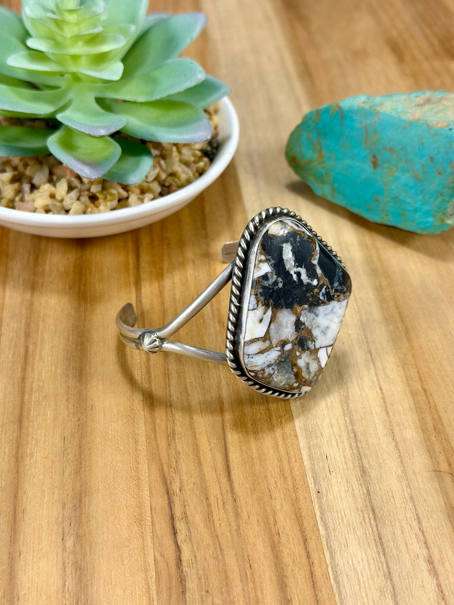 Crushed White Buffalo Single Stone Sterling Silver Cuff Bracelet