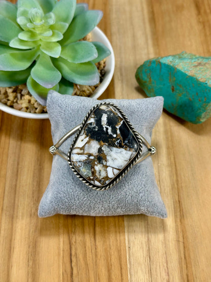 Crushed White Buffalo Single Stone Sterling Silver Cuff Bracelet