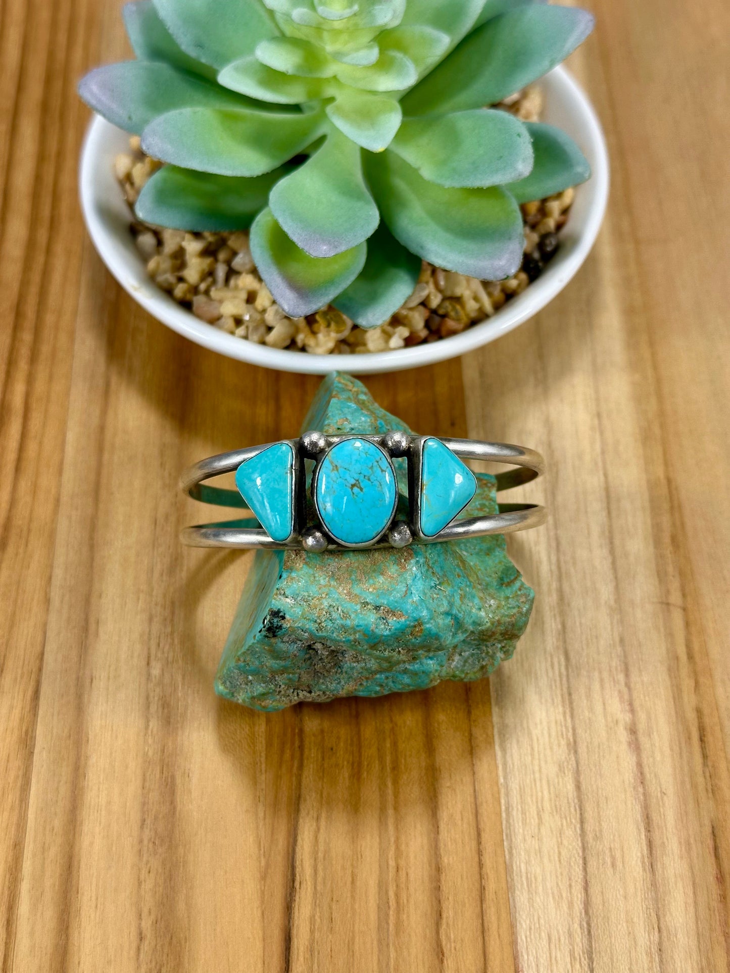 Kingman Turquoise 3 Stone Sterling Silver Cuff Bracelet
