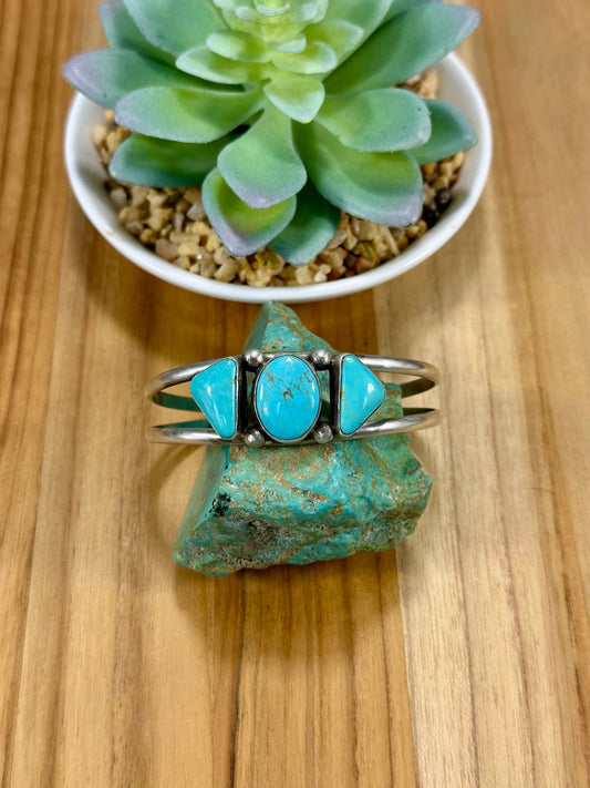 Kingman Turquoise 3 Stone Sterling Silver Cuff Bracelet
