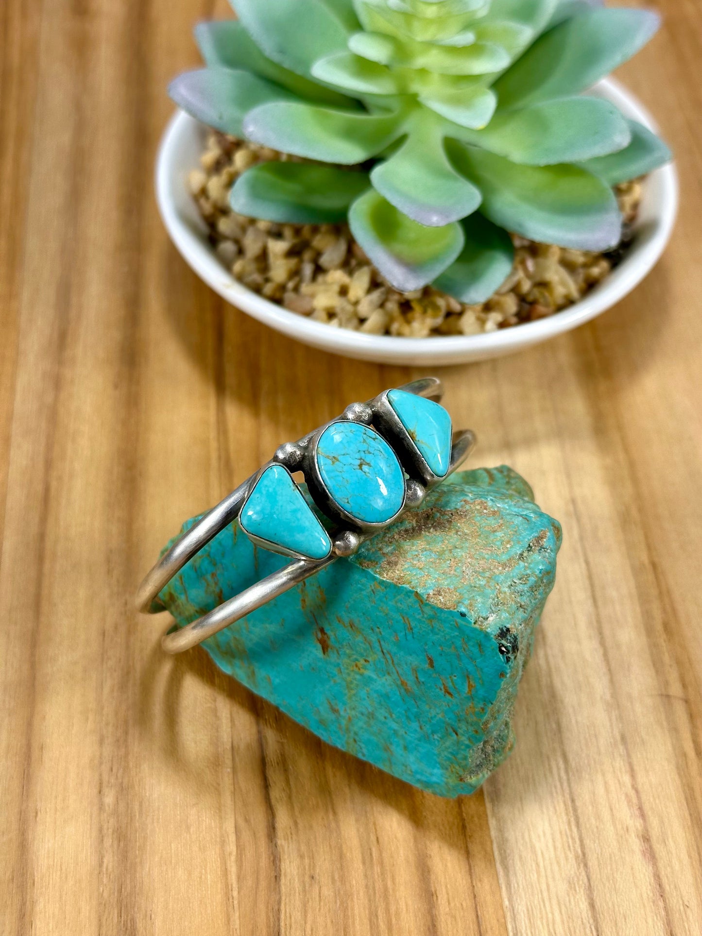 Kingman Turquoise 3 Stone Sterling Silver Cuff Bracelet