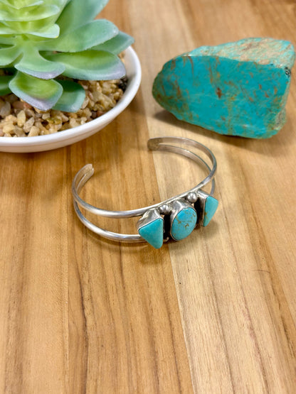 Kingman Turquoise 3 Stone Sterling Silver Cuff Bracelet