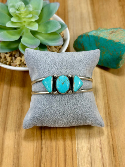 Kingman Turquoise 3 Stone Sterling Silver Cuff Bracelet