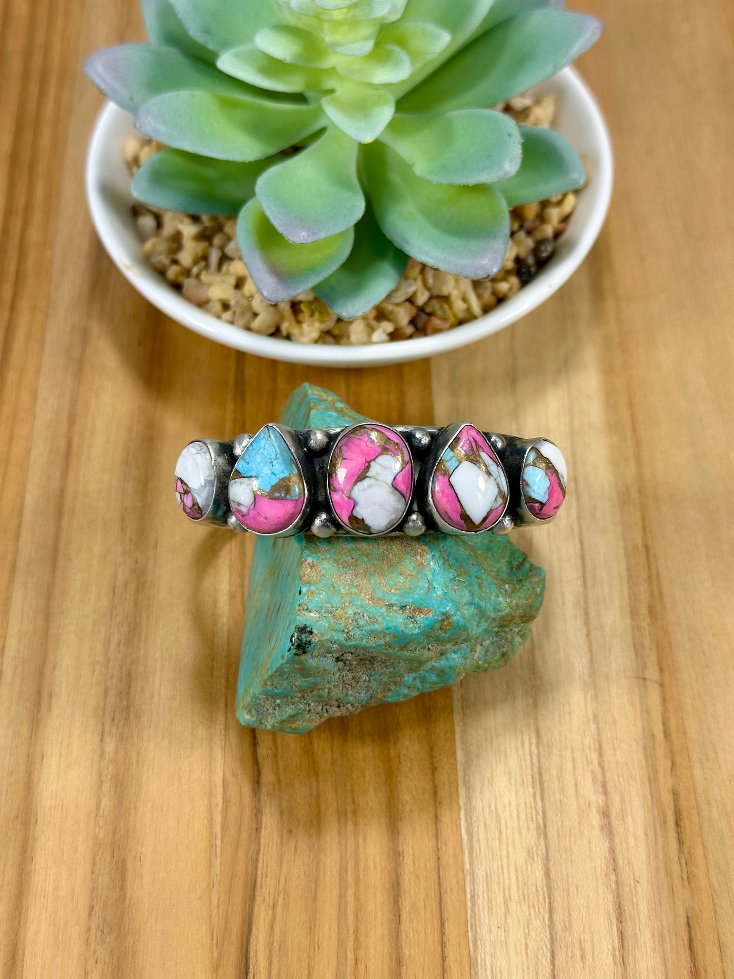 Cotton Candy 5 Stone Sterling Silver Cuff Bracelet