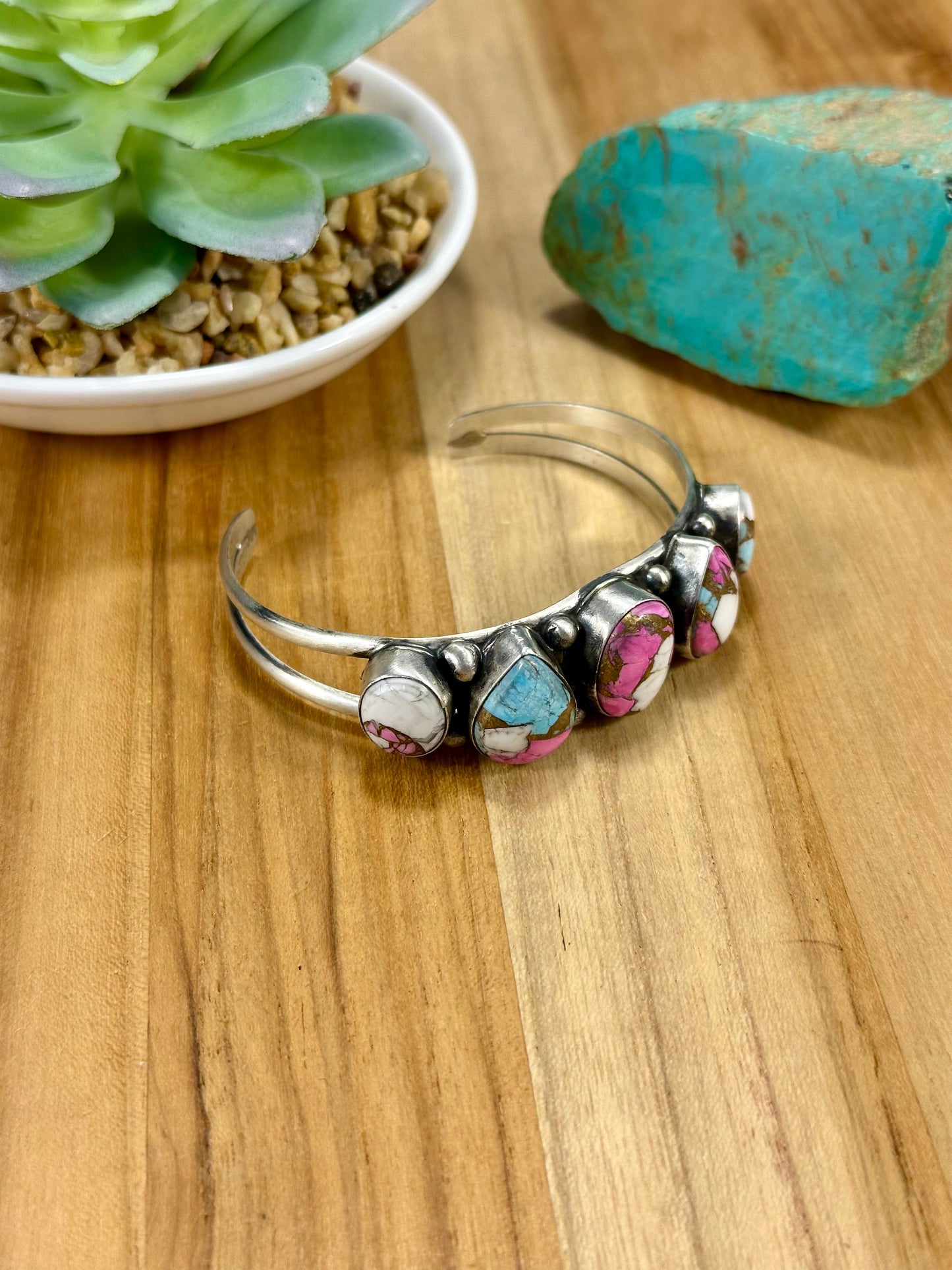 Cotton Candy 5 Stone Sterling Silver Cuff Bracelet
