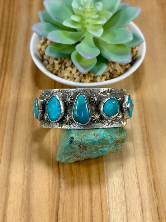 Kingman Turquoise 7 Stone Sterling Silver Cuff Bracelet