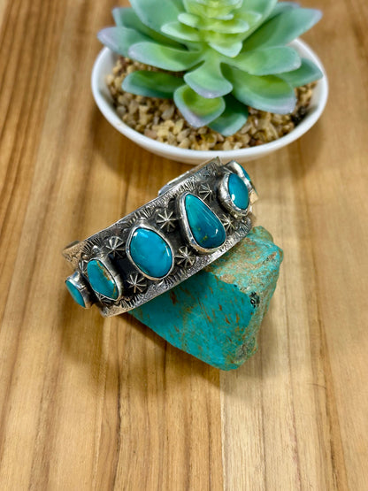 Kingman Turquoise 7 Stone Sterling Silver Cuff Bracelet