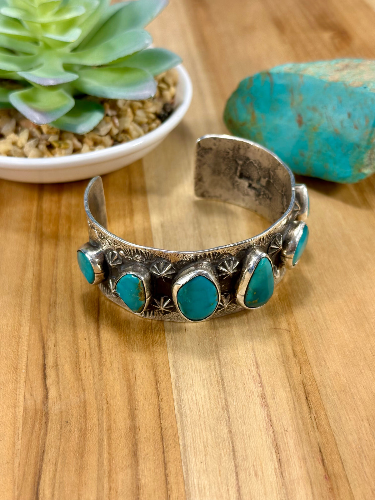 Kingman Turquoise 7 Stone Sterling Silver Cuff Bracelet