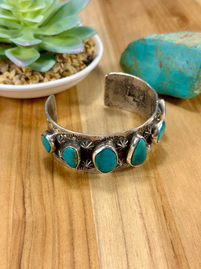 Kingman Turquoise 7 Stone Sterling Silver Cuff Bracelet