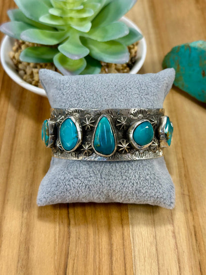 Kingman Turquoise 7 Stone Sterling Silver Cuff Bracelet