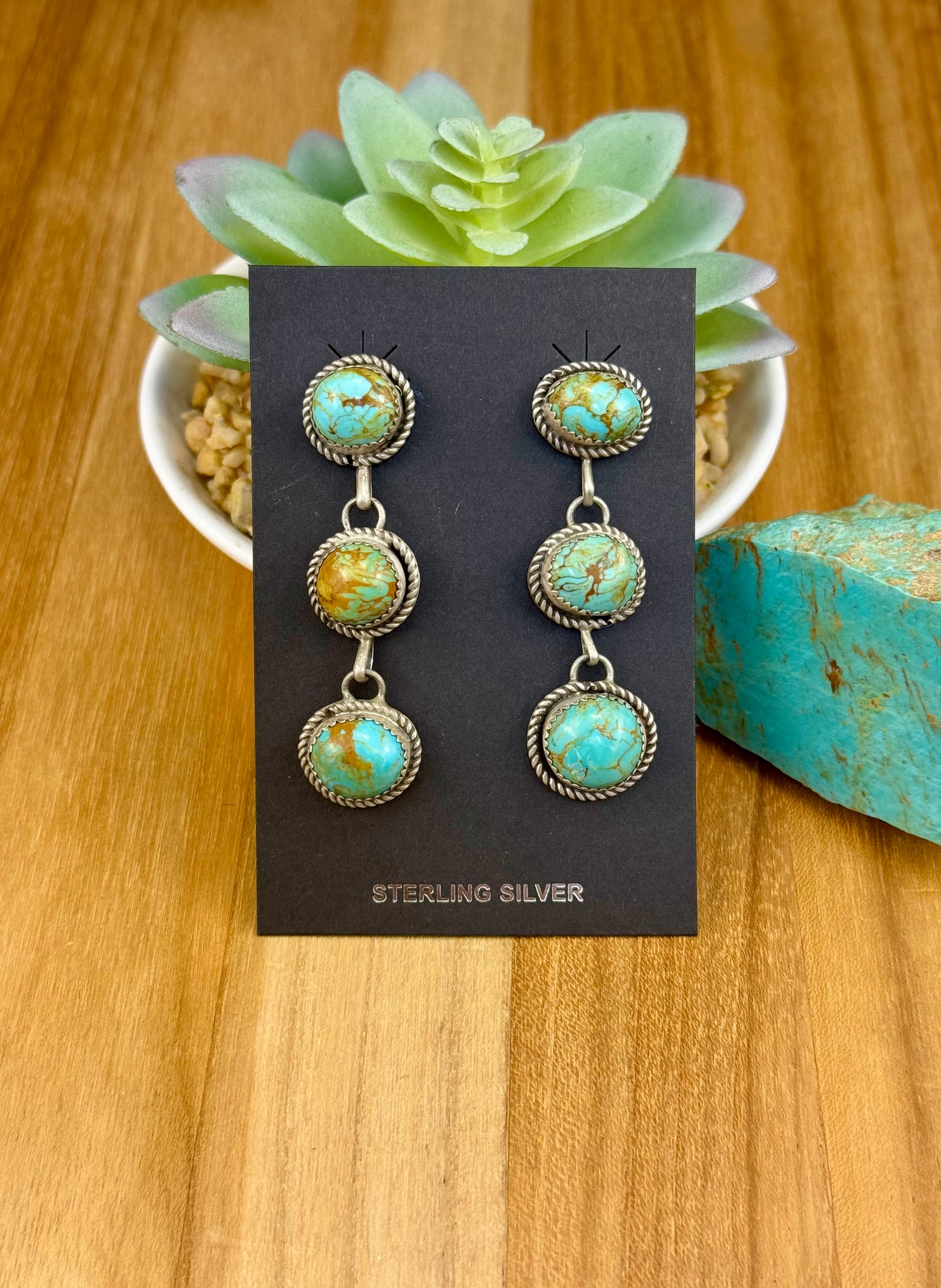 Kingman Turquoise 3 Stone Sterling Earrings