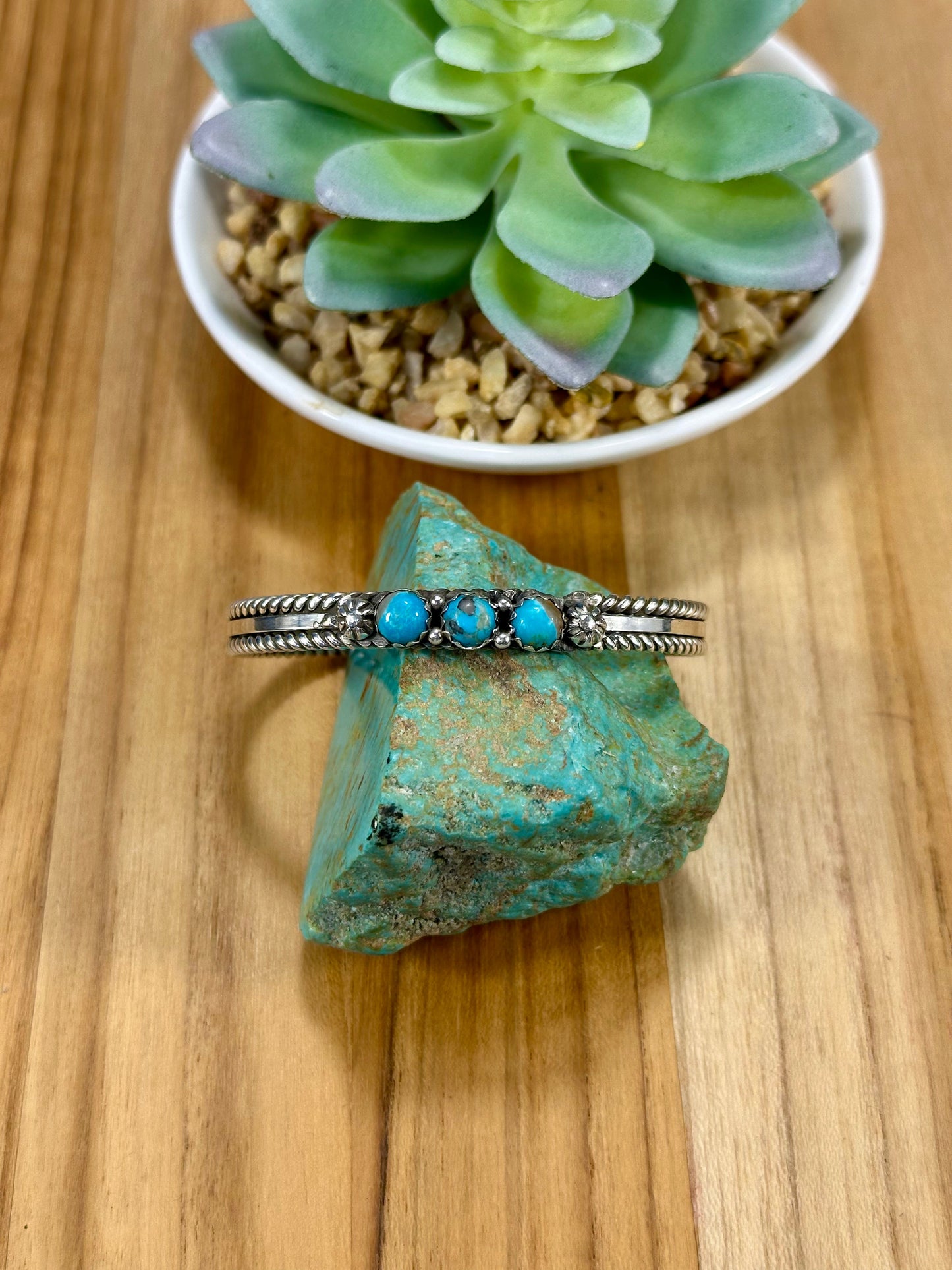 Kingman Turquoise 3 Stone Row Cuff Bracelet