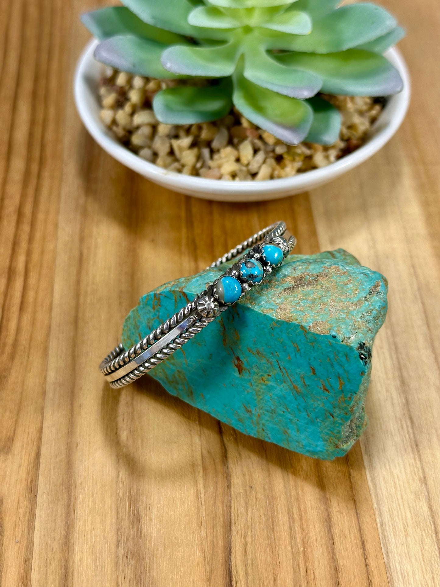 Kingman Turquoise 3 Stone Row Cuff Bracelet