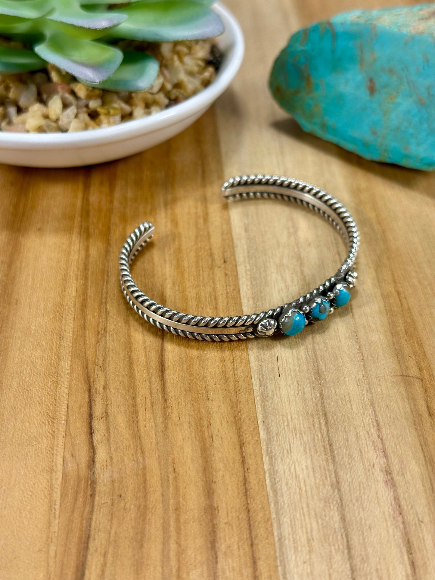Kingman Turquoise 3 Stone Row Cuff Bracelet
