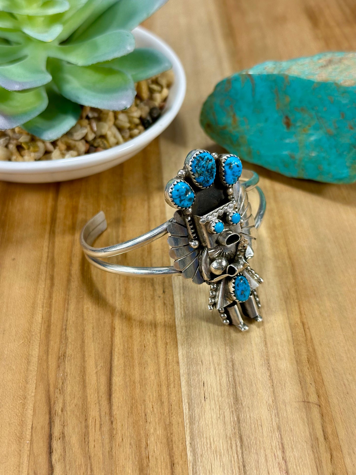 Kingman Turquoise Kachina Sterling Silver Cuff