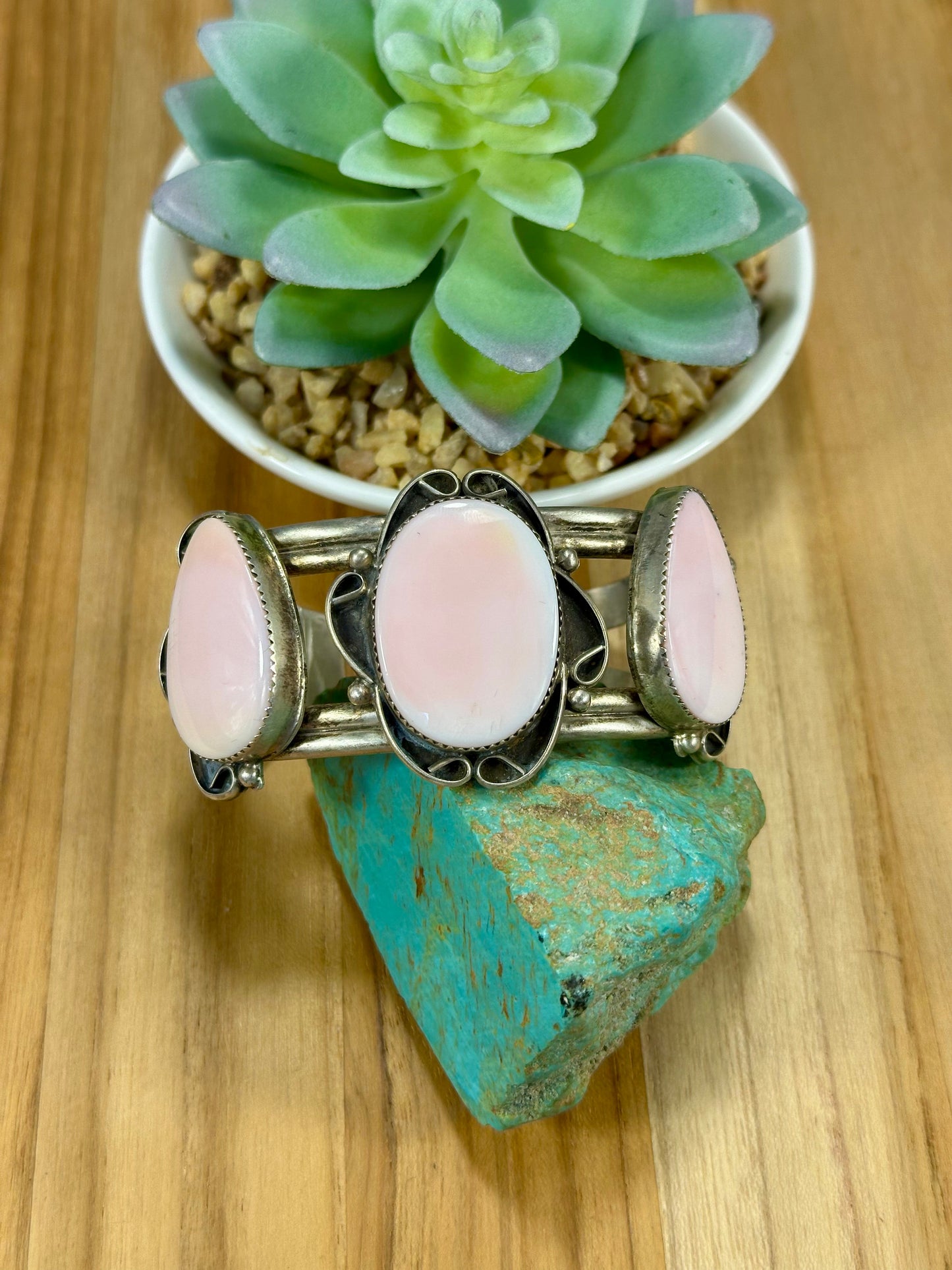 Pink Conch 3 Stone Sterling Silver Cuff Bracelet