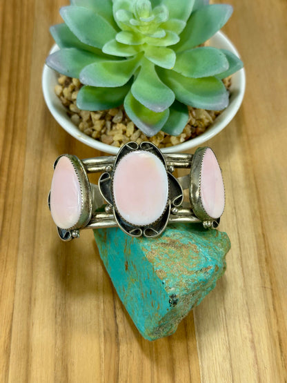 Pink Conch 3 Stone Sterling Silver Cuff Bracelet