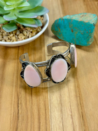 Pink Conch 3 Stone Sterling Silver Cuff Bracelet
