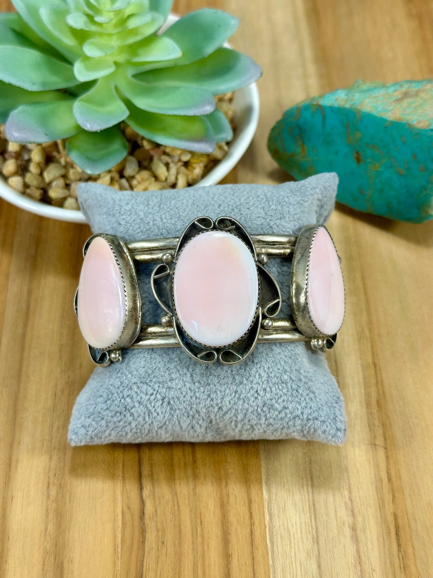 Pink Conch 3 Stone Sterling Silver Cuff Bracelet