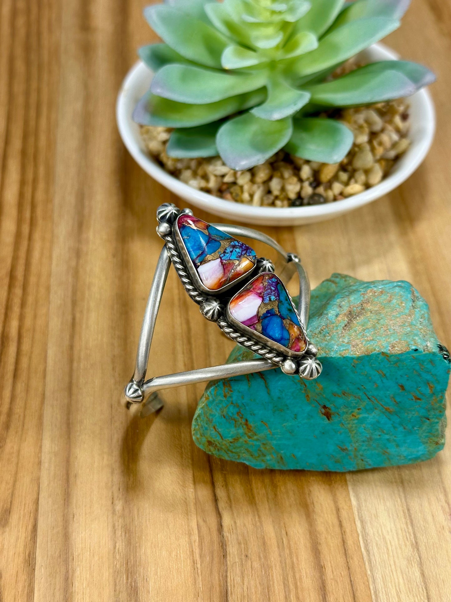 Orange Dahlia 2 Stone Sterling Silver Cuff Bracelet
