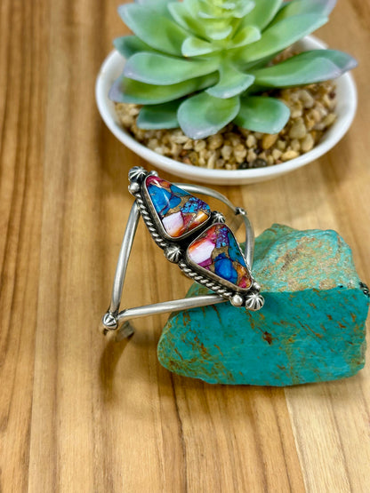 Orange Dahlia 2 Stone Sterling Silver Cuff Bracelet