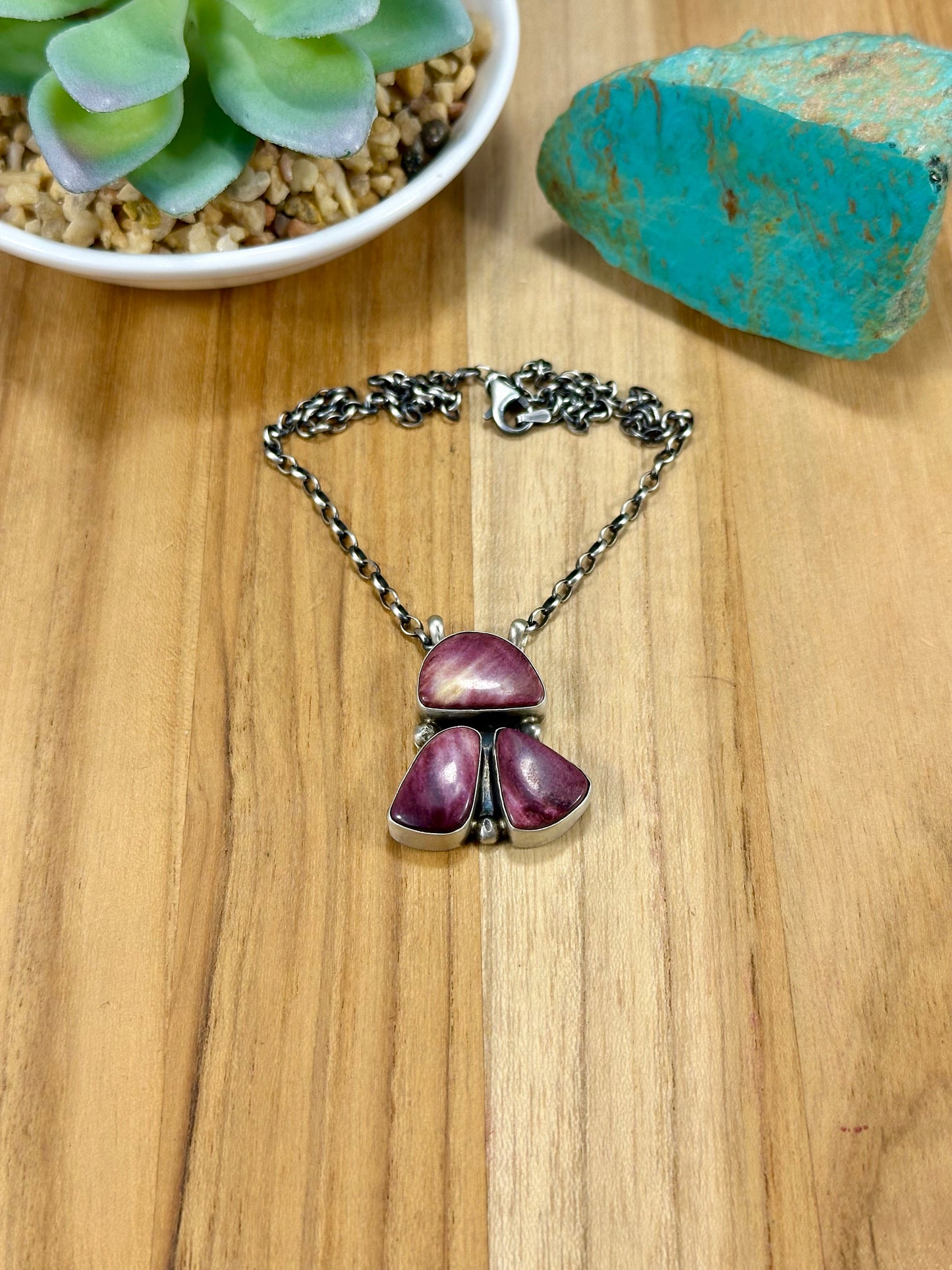 Purple Spiny 3 Stone Sterling Silver Necklace