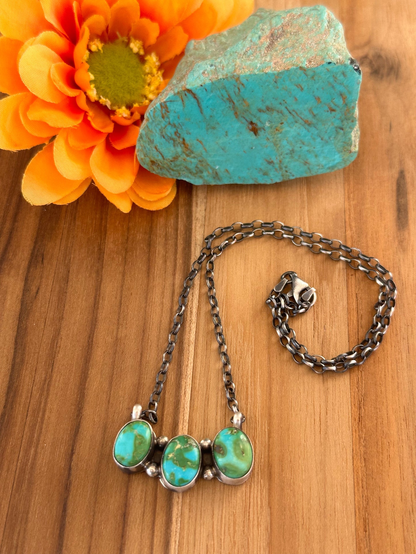 Sonoran Turquoise 3 Stone Sterling Silver Necklace