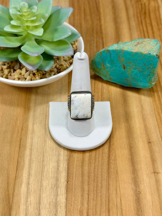 White Buffalo Square Sterling Silver Ring