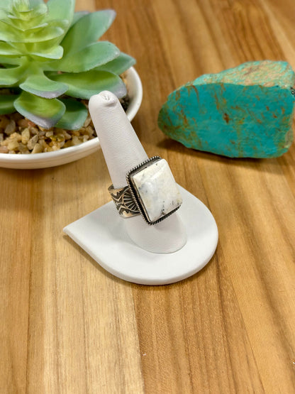 White Buffalo Square Sterling Silver Ring