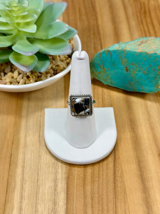 Crushed White Buffalo Square Sterling Silver Ring