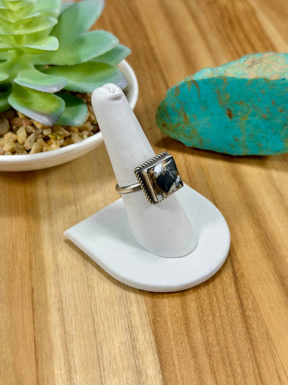 Crushed White Buffalo Square Sterling Silver Ring