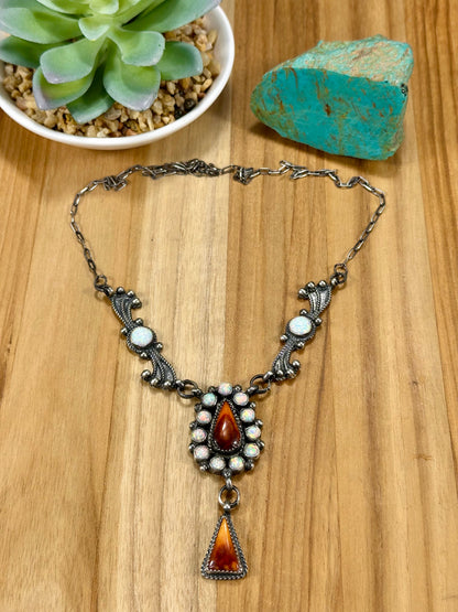 Orange Spiny & Opal Sterling Silver Lariat Necklace