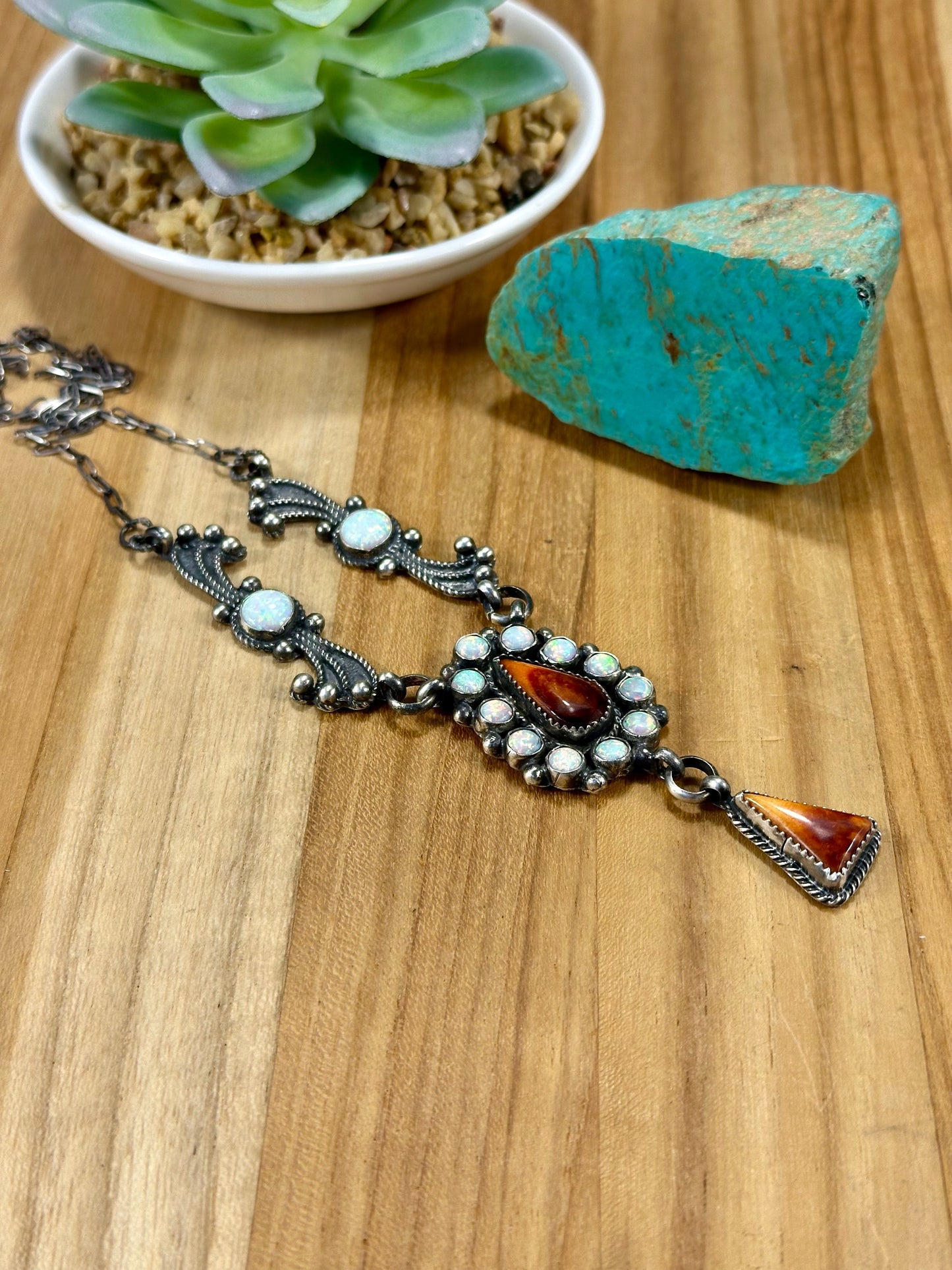 Orange Spiny & Opal Sterling Silver Lariat Necklace