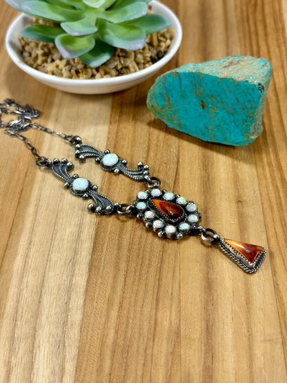 Orange Spiny & Opal Sterling Silver Lariat Necklace