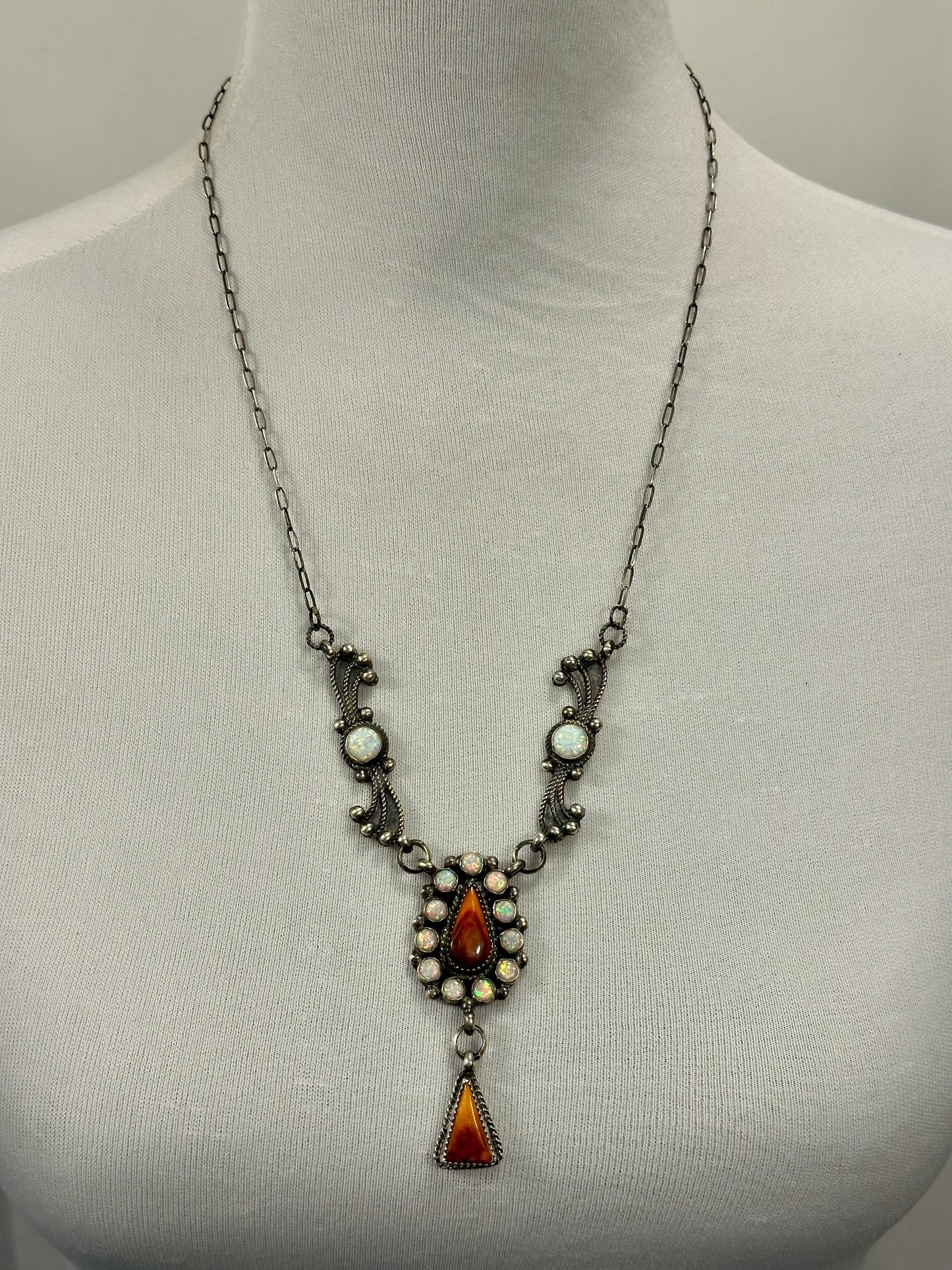 Orange Spiny & Opal Sterling Silver Lariat Necklace