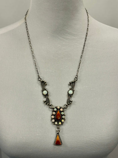 Orange Spiny & Opal Sterling Silver Lariat Necklace