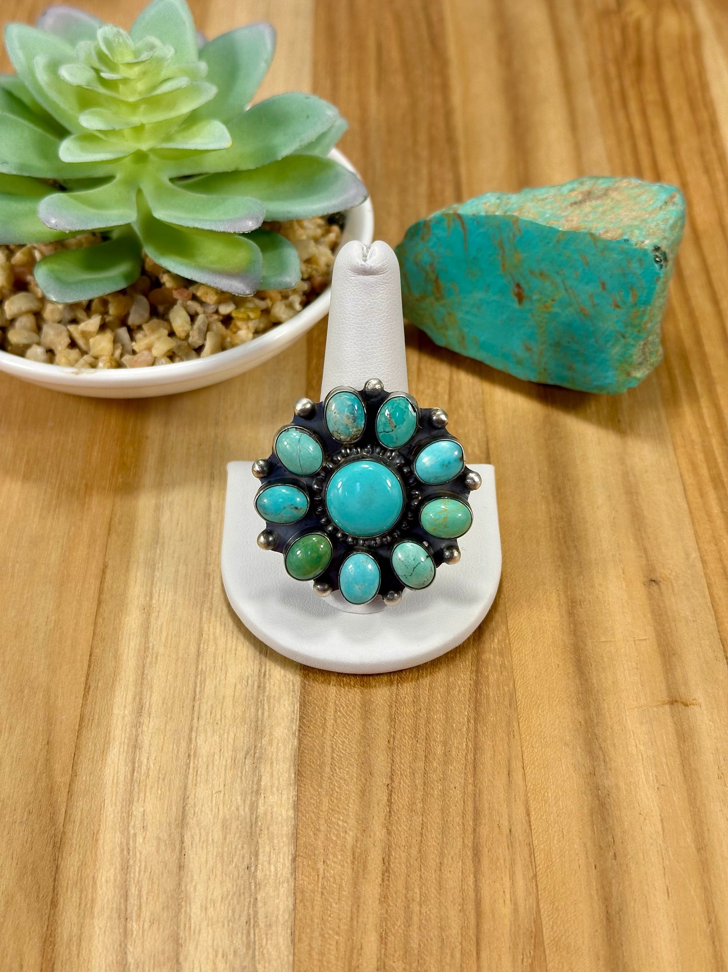 Kingman Turquoise Floral Cluster Sterling Silver Ring