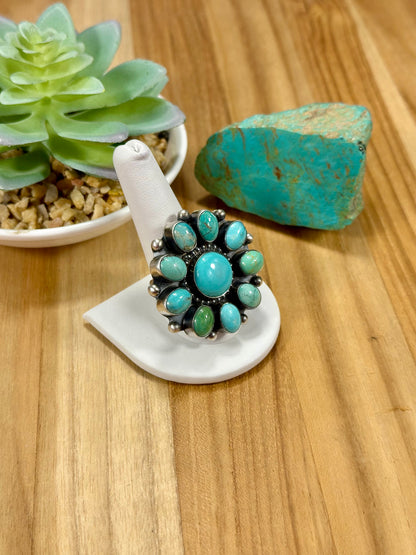 Kingman Turquoise Floral Cluster Sterling Silver Ring