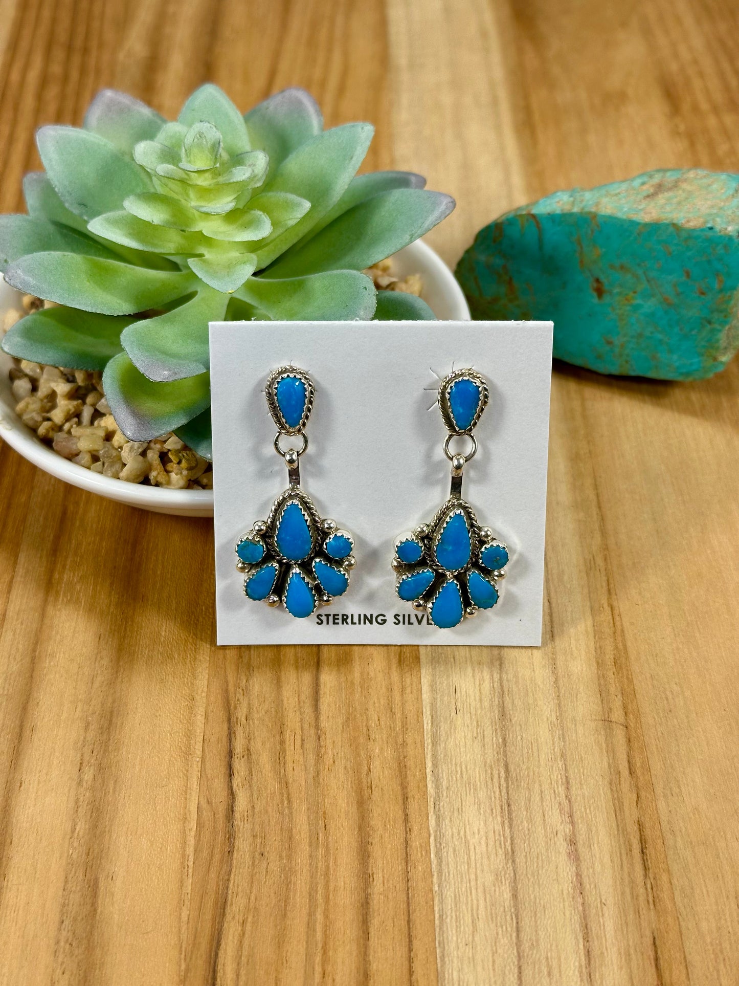 Kingman Turquoise Cluster Sterling Silver Dangle Earrings