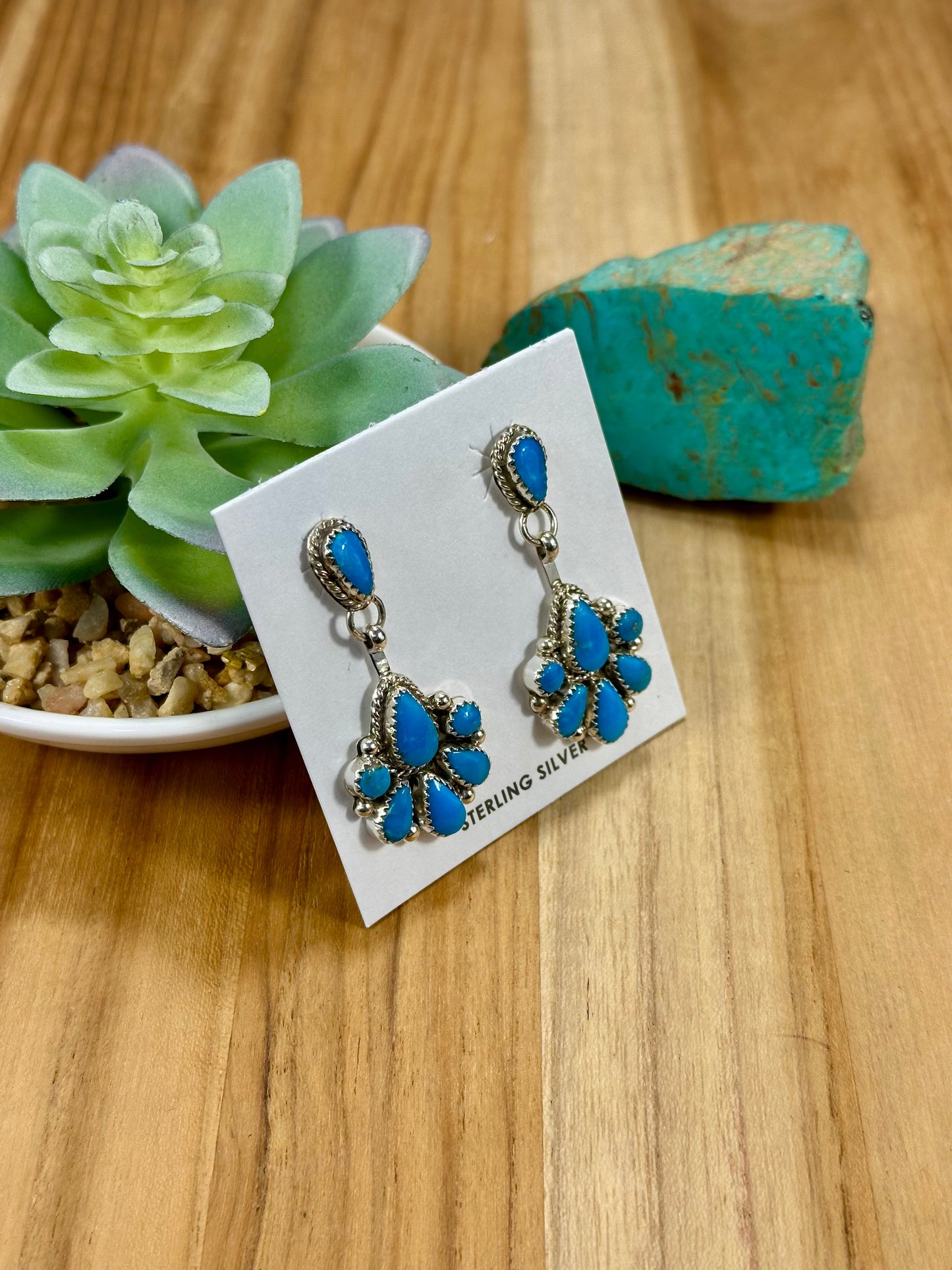 Kingman Turquoise Cluster Sterling Silver Dangle Earrings