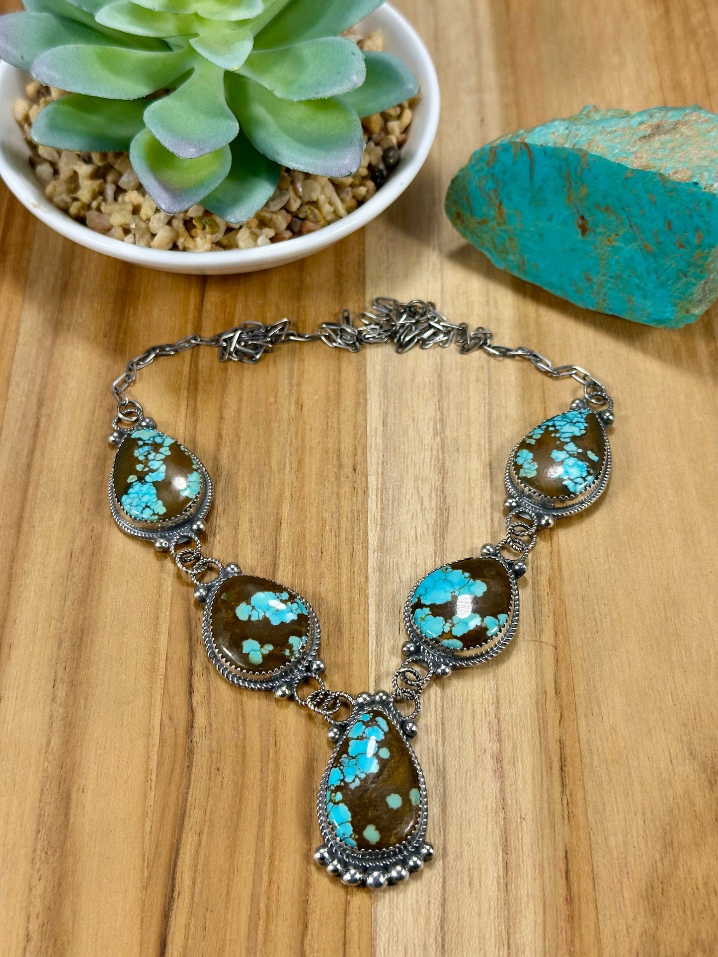#8 Turquoise 5 Stone Sterling Silver Lariat Necklace
