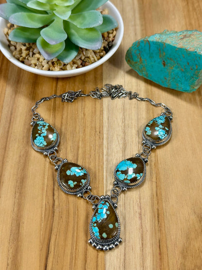 #8 Turquoise 5 Stone Sterling Silver Lariat Necklace