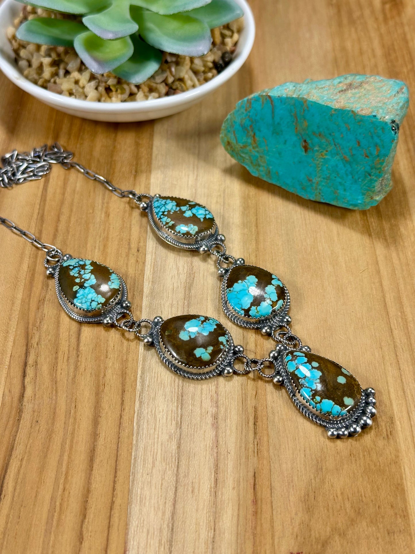 #8 Turquoise 5 Stone Sterling Silver Lariat Necklace